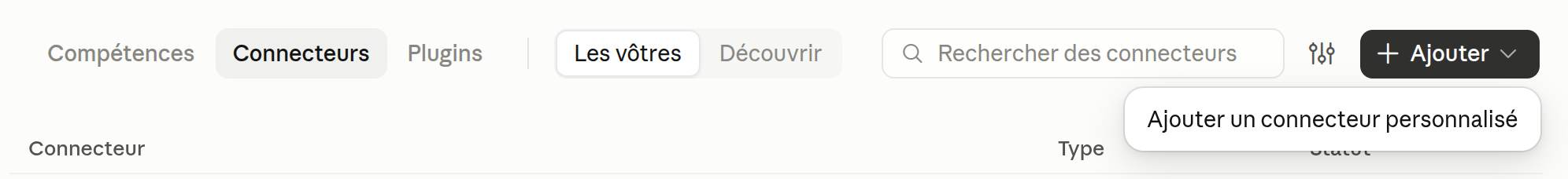 Le menu Ajouter › Ajouter un connecteur personnalisé.