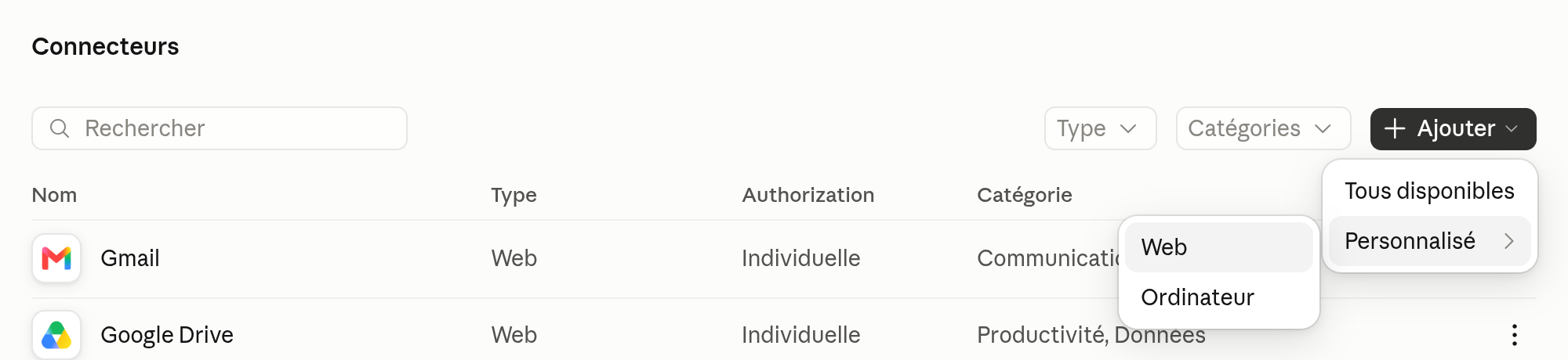 Paramètres de l'organisation › Connecteurs › Ajouter › Personnalisé › Web.